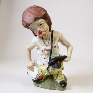 Vintage Porcelain Clown Figurine 9.5" Holding‎ Umbrella & Hat Whimsical Decor